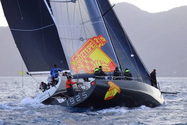 Bodrum, Hindi. 31 Ocak 2026: Yelkenliler Ege Denizi 'nin mavi sularında, ünlü tatil beldesi Bodrum' un kıyılarında rüzgarlı havada yelken açıyorlar..