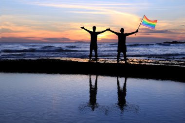 Gay men holding a pride flag.  clipart