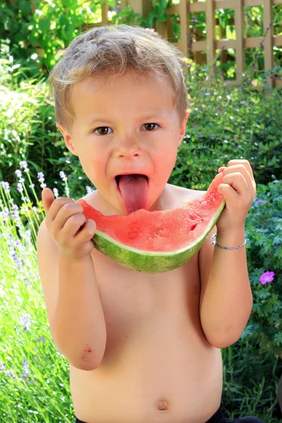 Boy eating slice of watermelon — Stock Photo, Image