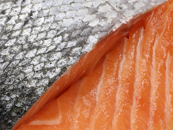 Detail close-up van gesneden zalm, achtergrond van zilverhuid en gestructureerd vers vlees van zalmvis — Stockfoto