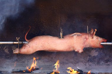 Geleneksel domuz yavrusu fırında yakacak odun üstünde ızgara.