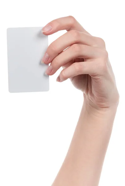 Weibliche Kaukasische Hände Mit Leeren Visitenkarten Auf Weißem Hintergrund Leerstelle — Stockfoto