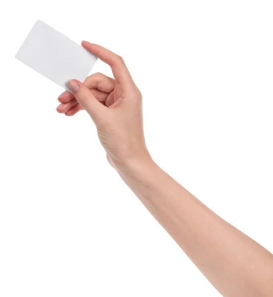 Mãos Caucasianas Femininas Com Cartão Visita Branco Isolado Sobre Fundo — Fotografia de Stock