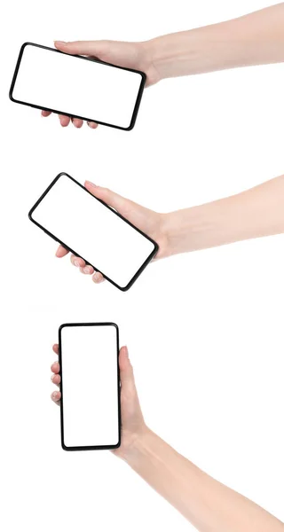 黒の新しいスマートフォンを持っているコラージュの女性の手は 白の背景を隔離しました 携帯電話のクリッピングパスを使って女性の手を — ストック写真