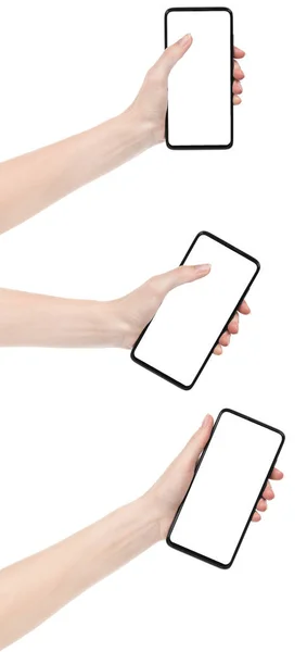 Colagem Mão Mulher Segurando Novo Smartphone Preto Com Tela Branco — Fotografia de Stock