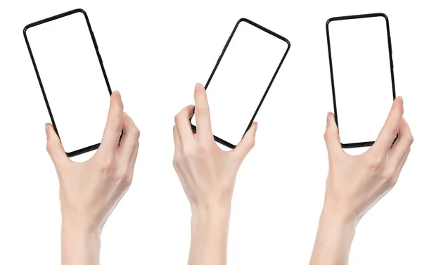 Κολάζ Γυναίκα Χέρι Κρατώντας Μαύρο Νέο Smartphone Λευκή Οθόνη Απομονώνονται — Φωτογραφία Αρχείου