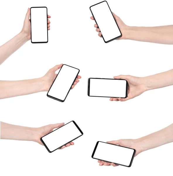 Collage Woman Hand Holding Black New Smartphone Blank Screen Isolated — Stock Photo, Image