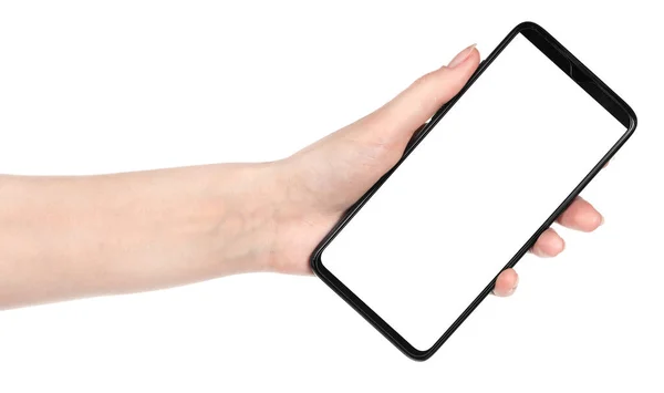 Женщина Рука Держит Черный Новый Смартфон Чистым Экраном Изолированный Белый — стоковое фото