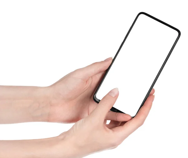 Mulher Mão Segurando Novo Smartphone Preto Com Tela Branco Isolado — Fotografia de Stock