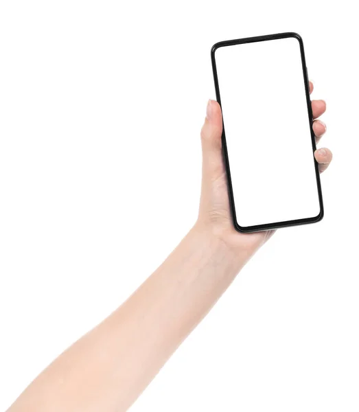 Kvinna Hand Håller Den Svarta Nya Smartphone Med Tom Skärm — Stockfoto