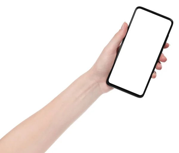 Vrouw Hand Houden Van Zwarte Nieuwe Smartphone Met Blanco Scherm — Stockfoto