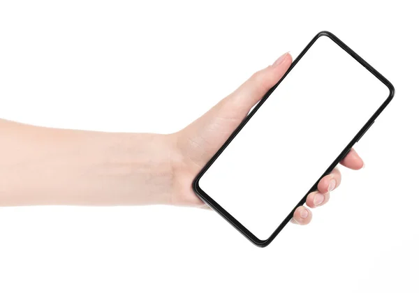 Женщина Рука Держит Черный Новый Смартфон Чистым Экраном Изолированный Белый — стоковое фото