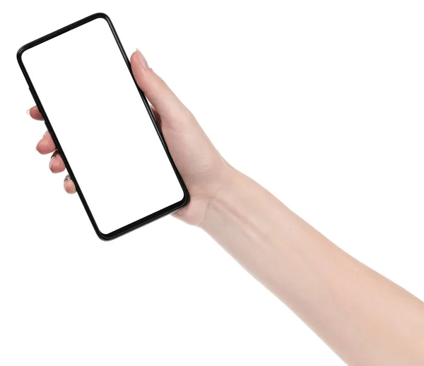 Vrouw Hand Houden Van Zwarte Nieuwe Smartphone Met Blanco Scherm — Stockfoto