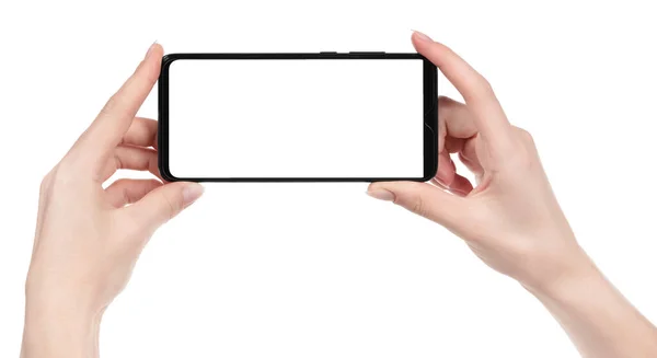 Beyaz Arka Planı Boş Ekranlı Siyah Yeni Akıllı Telefonu Tutan — Stok fotoğraf