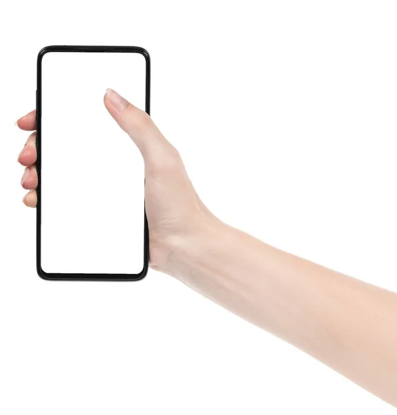 Mulher Mão Segurando Novo Smartphone Preto Com Tela Branco Isolado — Fotografia de Stock