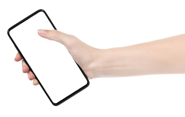 Γυναίκα Χέρι Κρατώντας Μαύρο Νέο Smartphone Λευκή Οθόνη Απομονωμένο Λευκό — Φωτογραφία Αρχείου