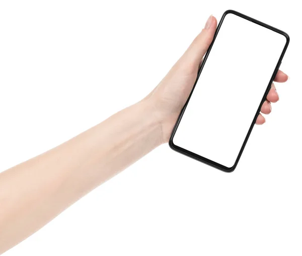 Vrouw Hand Houden Van Zwarte Nieuwe Smartphone Met Blanco Scherm — Stockfoto