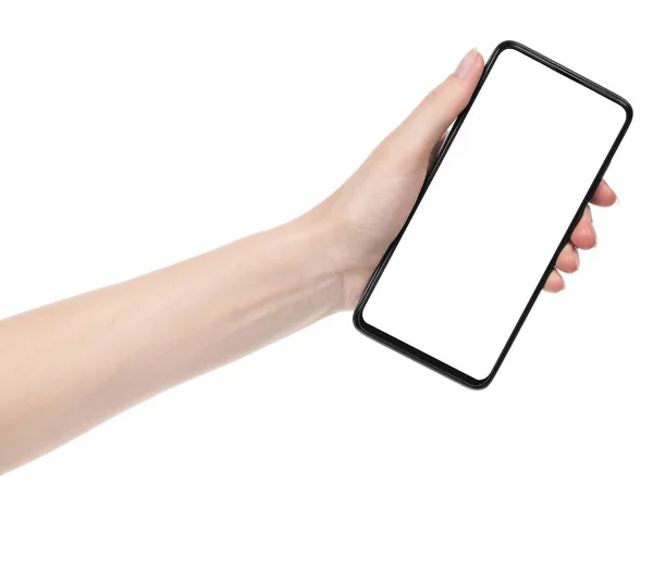 Vrouw Hand Houden Van Zwarte Nieuwe Smartphone Met Blanco Scherm — Stockfoto