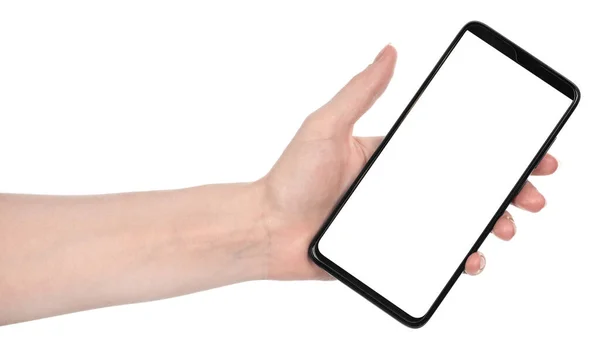 Vrouw Hand Houden Van Zwarte Nieuwe Smartphone Met Blanco Scherm — Stockfoto