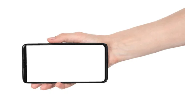 Kobieta Trzyma Czarny Nowy Smartfon Pustym Ekranem Odizolowane Białe Tło — Zdjęcie stockowe