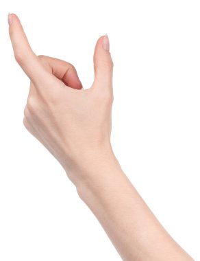 Beyaz kadın elleri, farklı jestler gösteren beyaz bir arka plan izole etti. Kadın elleri bir şey tutar ya da alır, verir, puan verir.