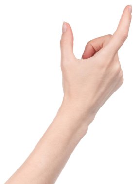 Beyaz kadın elleri, farklı jestler gösteren beyaz bir arka plan izole etti. Kadın elleri bir şey tutar ya da alır, verir, puan verir.