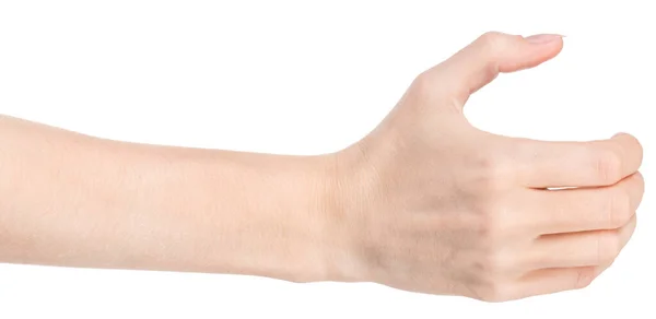 雌性高加索人的手孤立的白色背景显示出不同的手势 女人的手摆出姿势 握住某物或拿起 — 图库照片