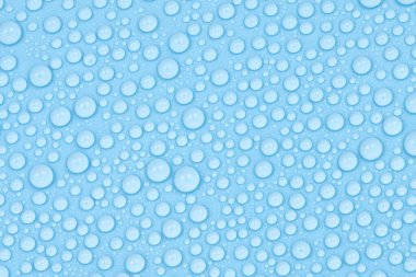Mavi arkaplan dokusuna su damlaları. Arkaplan camı su damlalarıyla kaplı. Sudaki kabarcıklar