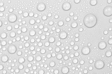 Beyaz arkaplan dokusuna su damlaları. Arkaplan camı su damlalarıyla kaplı. Sudaki kabarcıklar