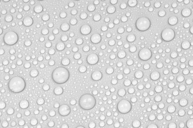 Beyaz arkaplan dokusuna su damlaları. Arkaplan camı su damlalarıyla kaplı. Sudaki kabarcıklar