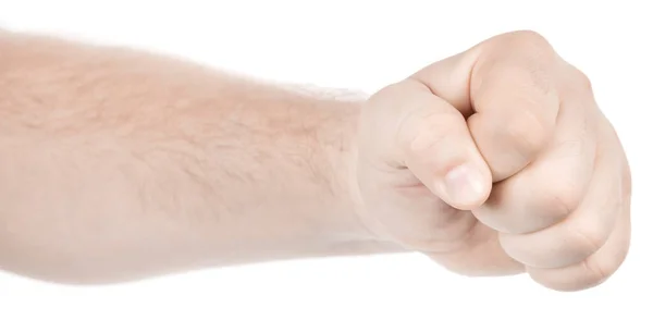 Mannelijke Blanke Handen Geïsoleerde Witte Achtergrond Met Gebaar Gebalde Vuist — Stockfoto