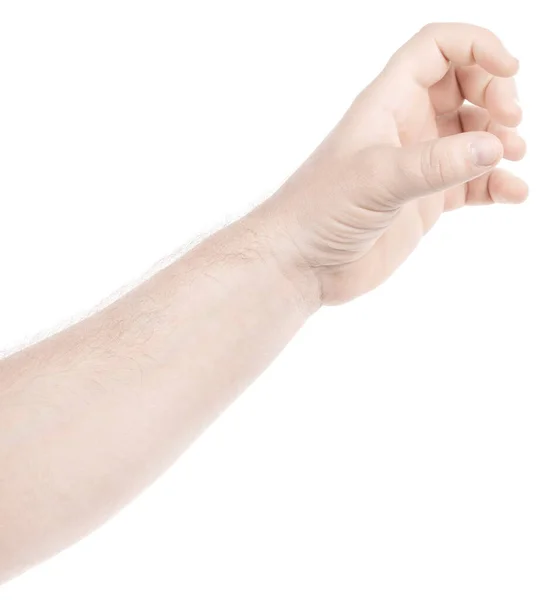 Mãos Caucasianas Masculinas Isolado Fundo Branco Mostrando Gesto Detém Algo — Fotografia de Stock