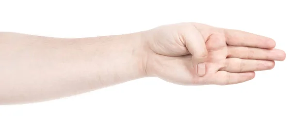 Mannelijke Blanke Handen Geïsoleerde Witte Achtergrond Tonen Gebaar Houdt Iets — Stockfoto