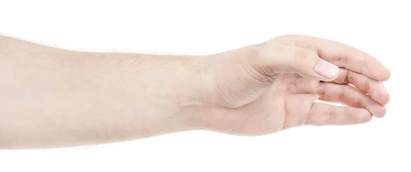 Mãos Caucasianas Masculinas Isolado Fundo Branco Mostrando Gesto Detém Algo — Fotografia de Stock
