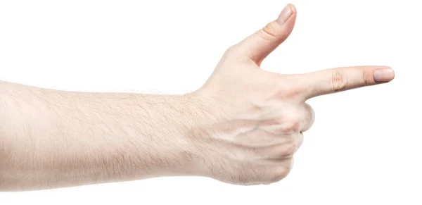 Чоловічі Кавказькі Руки Ізольовані Білий Фон Показує Жест Вказує Пальцем — стокове фото