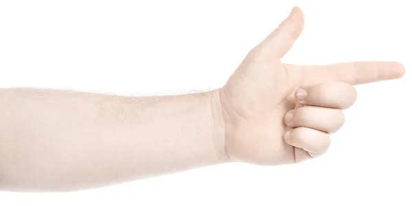 Mężczyzna Kaukaskie Ręce Odizolowane Białe Tło Pokazujące Gest Wskazuje Palcem — Zdjęcie stockowe