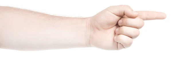 Male Caucasian Hands Isolated White Background Showing Gesture Points Finger — Stock Photo, Image