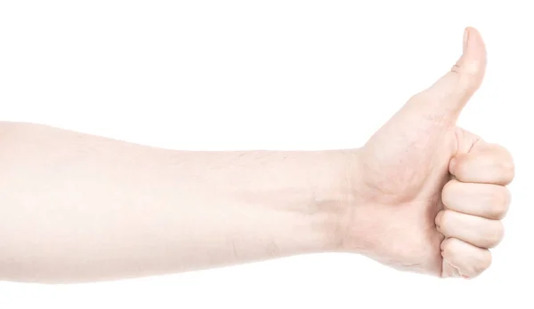 Mãos Caucasianas Masculinas Isoladas Fundo Branco Mostrando Gesto Polegar Para — Fotografia de Stock