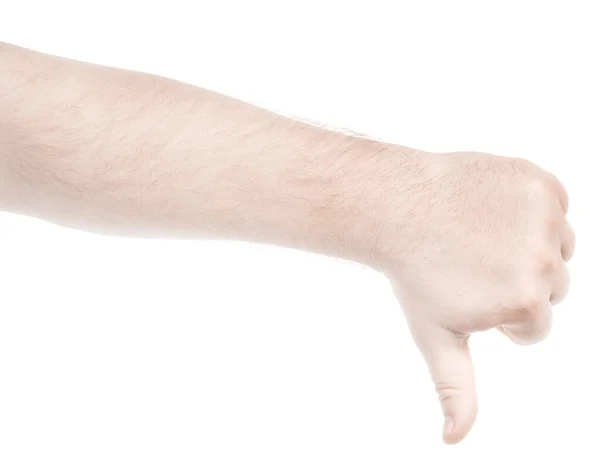 Αρσενικό Καυκάσιο Χέρια Απομονώνονται Λευκό Φόντο Δείχνει Χειρονομία Αντίχειρα Προς — Φωτογραφία Αρχείου