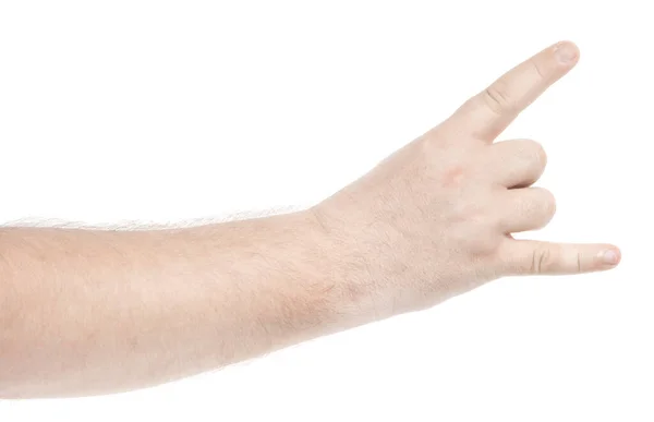 Manos Caucásicas Masculinas Aisladas Fondo Blanco Mostrando Varios Gestos Dedos — Foto de Stock