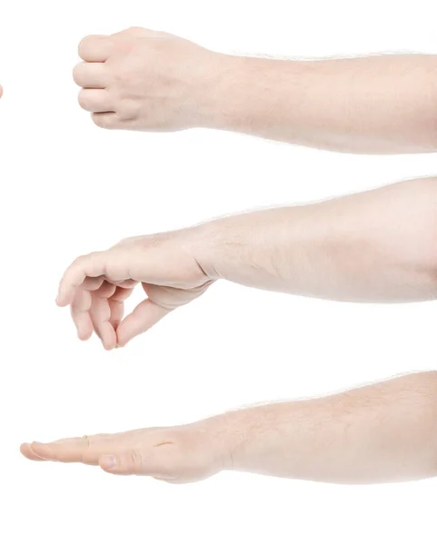 Várias Imagens Definem Mãos Caucasianas Masculinas Isoladas Fundo Branco Mostrando — Fotografia de Stock