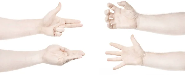多个图像设置男性高加索人的手孤立的白色背景显示不同的手势 男人的双手合十 — 图库照片