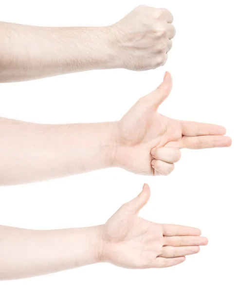 Çoklu Görüntüler Beyaz Erkek Elleri Farklı Jestler Gösteren Izole Edilmiş — Stok fotoğraf