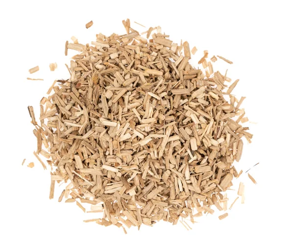 Oak Chips Sawdust Isolated White Background Small Wood Chips Smoking — Stock Photo, Image