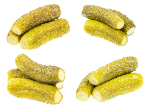 Collage Inlagda Gurkor Isolerad Vit Bakgrund Marinerade Pickles Uppsättning Saltade — Stockfoto