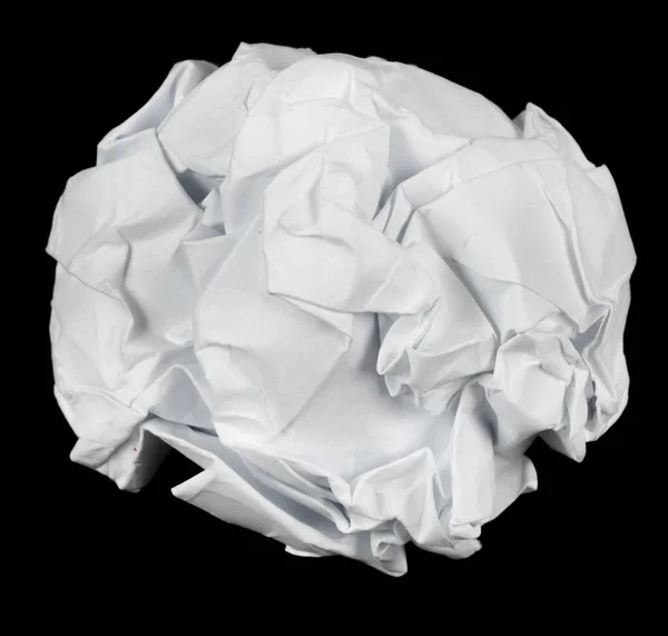 Een Stuk Verkreukeld Wit Papier Geïsoleerde Zwarte Achtergrond Beschadigd Kantoorpapier — Stockfoto