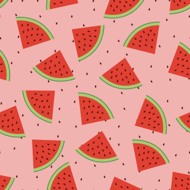 Kusursuz desenli, sulu olgun ve tatlı karpuz parçaları. Bu meyve tasarımı senin iş projelerin için. Kumaş ve dekor için ideal. Güzel vektör arkaplanı