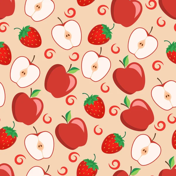 Nahtloses Muster Aus Äpfeln Hälften Und Erdbeeren Vektorillustration — Stockvektor