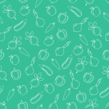 Sebze ve meyvelerin kusursuz deseni. Elma, biber, soğan, havuç, pancar, patlıcan. Vektör illüstrasyonu.