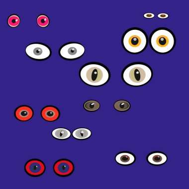 Çizgi film gözleri. Bir çift yırtıcı göz. Canavarların bakışları. Komik gözler. Duygusal görünüm koleksiyonu. Vektör illüstrasyonu